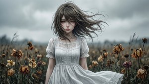 一位动漫少女身处枯萎的田野中，悲伤且随风飘散。 — 悲伤动漫 GIF 壁紙
