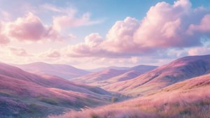 柔和美學的風景，呈現粉彩起伏丘陵與夢幻雲層。 — 柔和美學動態圖 壁紙