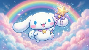 肉桂狗飞越彩虹云层，充满魔力的梦幻卡哇伊壁纸。