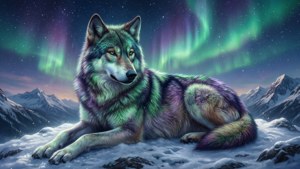 一隻擁有極光毛皮的銀河狼，在星空下棲息於雪峰之上。 — 银河之狼 动图 壁紙