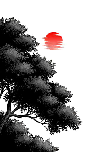 水墨、樹木、夕陽、極簡風格 — 1440x2560 壁紙