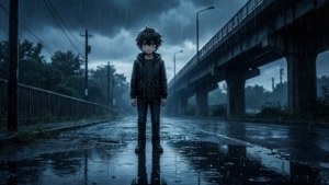 一個悲傷的動漫男孩在雨中的橋下。 — 悲伤动漫 GIF 壁紙