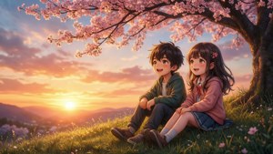 兩個動漫孩子在櫻花樹下享受寧靜的夕陽。