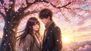 夕陽下櫻花樹前的動漫情侶 — 动漫情侣 壁紙