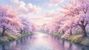 一條寧靜的河流，兩旁點綴著柔和色調的櫻花，充滿柔和的美感氛圍。