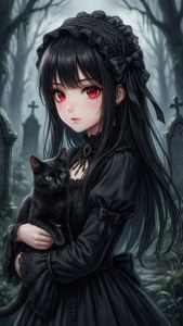 可爱的歌德风动漫少女与黑猫在墓园中。 — 可愛動漫頭像 壁紙