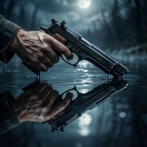 Symmetrical reflection of a hand holding a gun in water. — Tecno Phantom 壁紙