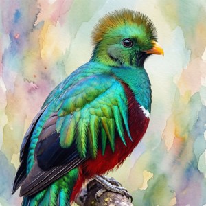 以水彩風格描繪的格查爾鳥，搭配柔和抽象背景，優雅且富有藝術感。 — Pixel Watch 4 壁紙