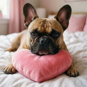 可爱的法国斗牛犬抱着心形枕头，充满爱与温柔的壁纸。 — 华为nova Flip 壁紙