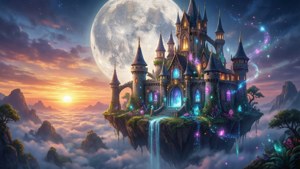 天空中的奇幻城堡，伴随巨大月亮，充满魔法氛围。 — iPad 壁紙