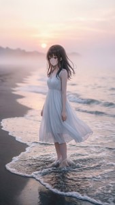 夕陽下，一位身穿白裙的憂鬱動漫女孩，孤獨地佇立在迷霧籠罩的海灘上。 — 悲伤动漫 GIF 壁紙