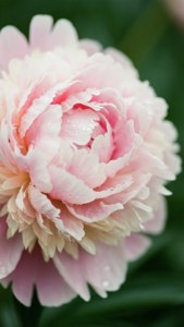 一朵娇嫩的淡粉色牡丹，花瓣上带有露珠。 — 9:16 壁紙