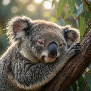 雪梨塔龍加動物園中，一隻可愛的無尾熊在柔和晨光下近距離沉睡特寫。 — Pixel Watch 3 壁紙