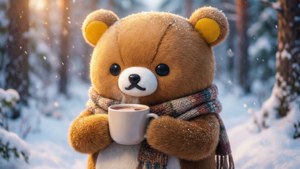 可愛的拉拉熊在雪地森林中享用熱可可，營造溫暖的冬季氛圍。 — 卡哇伊 壁紙