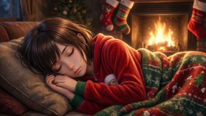 穿著聖誕連體睡衣在壁爐旁睡著的可愛動漫女孩 — 动漫圣诞 壁紙
