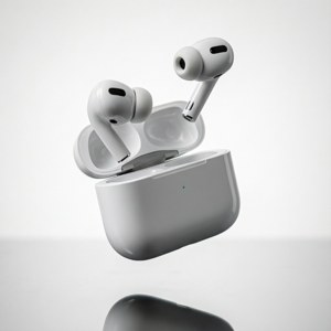 AirPods 漂浮在空中，產品攝影風格。 — Galaxy Watch 壁紙