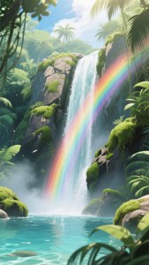 宏偉的動畫瀑布，霧中浮現彩虹。 — 動畫風景 壁紙