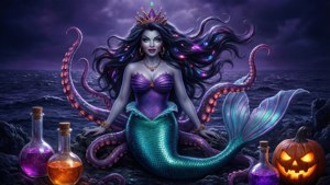 烏蘇拉在黑暗的海中施展咒語，發光的觸手環繞四周。