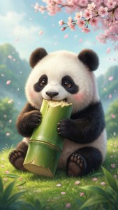 可爱的卡哇伊熊猫在春天里享用竹子。 — 卡哇伊 壁紙