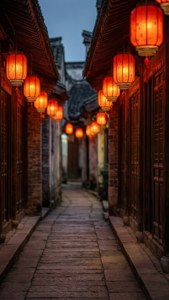 暮色中狹窄的古巷裡，紅燈籠散發著溫暖的光芒 — 中国 壁紙