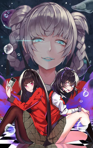 《狂赌之渊》壁纸，梦子手持卡片坐在与生志摩妄背靠背的地板上，生志摩妄戴着眼罩。 — Galaxy Tab S10 Lite 壁紙