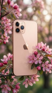 玫瑰金iPhone 11 Pro Max在春日光线下置身粉色花朵之中。