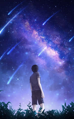 男孩仰望夜晚动漫天空 — 动漫男孩 壁紙