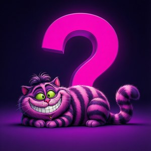一隻柴郡貓在多彩虛空中，身旁有一個巨大的問號。 — 柴郡猫 壁紙