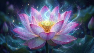 一幅神秘的數位畫作，描繪了帶有星光的發光蓮花。 — 蓮花 壁紙