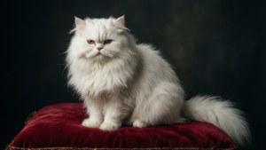 一只威严的白色波斯猫坐在天鹅绒垫子上，姿态高贵。 — 貓 壁紙