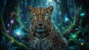 豹子在夜間生物螢光森林中，充滿魔力。