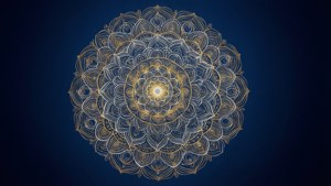 深藍底色上以金白雙色繪製的神聖幾何蓮花曼陀羅。 — 蓮花 壁紙