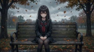 孤單的動漫女孩坐在秋天的長椅上，感受著悲傷。 — 悲伤动漫 GIF 壁紙