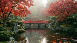 秋日裡一座靜謐的日本庭園，薄霧籠罩，紅楓與小橋相映成趣。