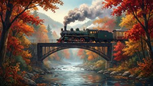 一幅懷舊的動畫秋季場景，描繪火車駛過橋樑。 — 動畫風景 壁紙