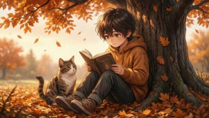 動畫小孩在秋天的樹下與貓一起閱讀書籍。