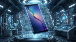 科幻風格桌布，展示懸浮於全息實驗室中的 Galaxy S10。
