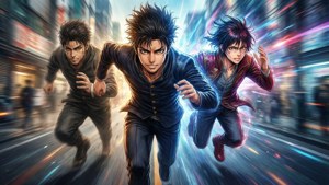 花垣武道以分割畫面特效奔跑於時光中，色彩鮮明動感十足。 — 東京復仇者 壁紙