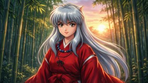 一幅色彩缤纷的动漫风格壁纸，描绘了和服少女置身于竹林中的景象。
