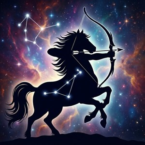 人马弓箭手的简洁剪影，搭配星云与星座。 — Galaxy Watch 壁紙