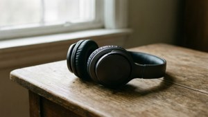 柔和光線下，木桌上耳機的寧靜畫面。 — 音樂美學 壁紙