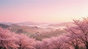 淺粉色美學景觀，櫻花與霧氣環繞的丘陵。 — 淺粉美學 壁紙