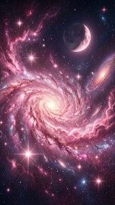 夢幻粉彩星系，點綴星辰與新月。 — 柔粉色 壁紙