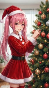 穿著精靈服裝的動漫女孩正在裝飾聖誕樹 — 动漫圣诞 壁紙