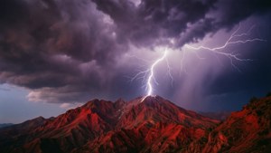 戲劇性的雷暴，閃電擊中紅色山頂