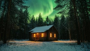 在雪林之中，一座溫馨的冬季小屋在明亮的綠色天空下閃耀著光芒。 — 绿色天空 壁紙