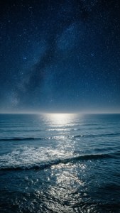 繁星夜空下平静的海洋，映照着粼粼波光。 — 天空景观 壁紙