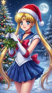 美少女战士戴着圣诞帽站在圣诞树旁 — 动漫圣诞 壁紙