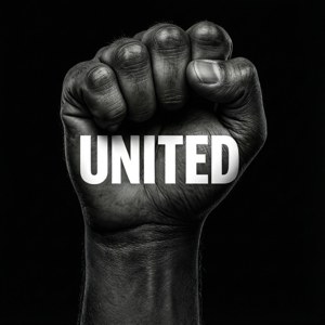 黑色拳頭搭配「UNITED」文字，字體風格。 — 纯黑 壁紙