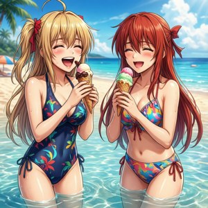 艦隊收藏角色在海灘上開心享用冰淇淋的有趣海灘桌布 — Pixel Watch 壁紙